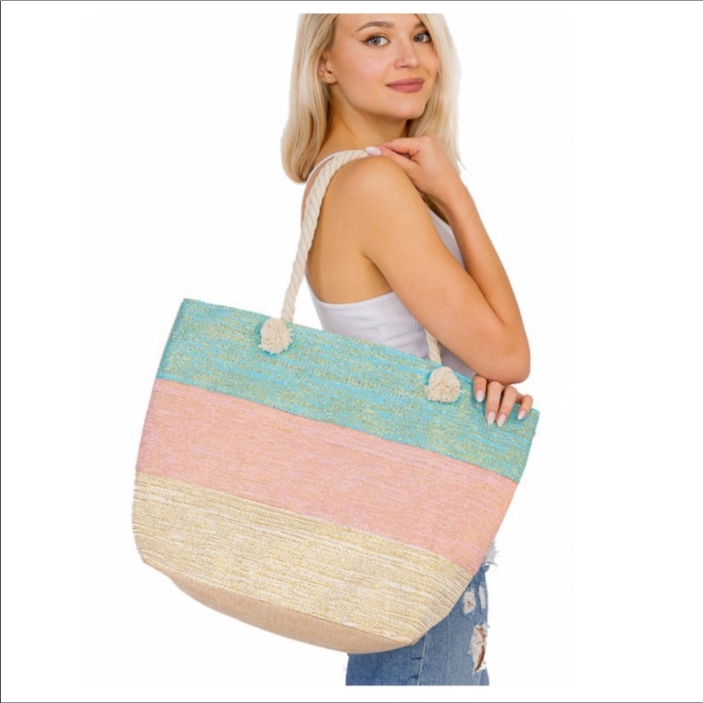 Large Burlap Tote Aqua Pink Beige Gold Rope Handle - Picture 3 of 4